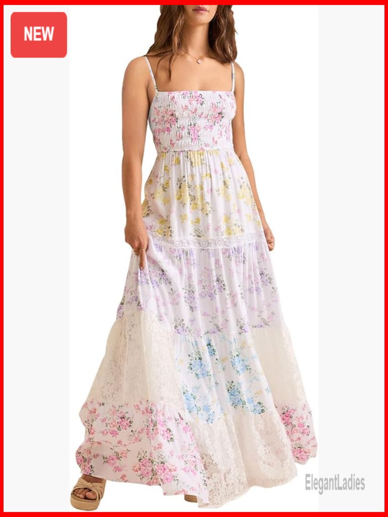 Floral Maxi Dress Smocked Spaghetti Strap Lace Patchwork Tiered Boho